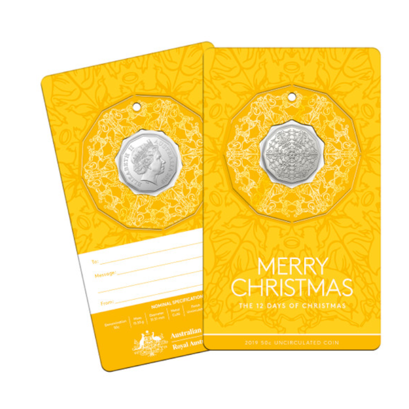 2019 50 cent Uncirculated Coin: "The 12 Days of Christmas." - Yellow Card.