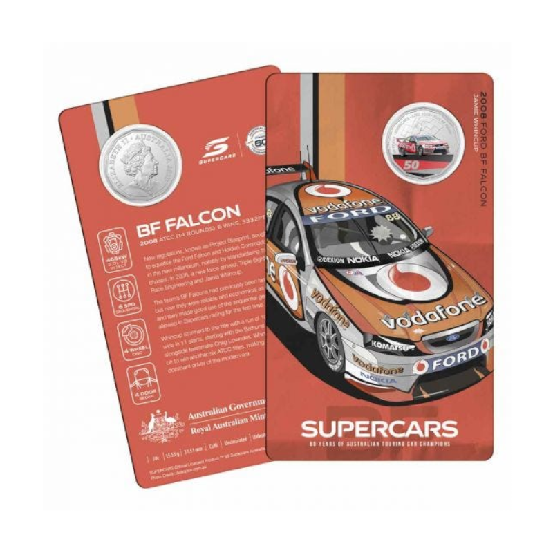 2020 50 cent Coloured Uncirculated Coin: Supercars - "2008 Ford BF Falcon - 'Jamie Whincup'."