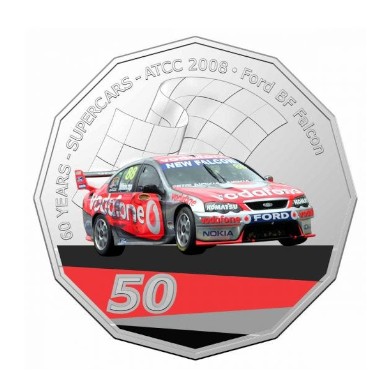 2020 50 cent Coloured Uncirculated Coin: Supercars - "2008 Ford BF Falcon - 'Jamie Whincup'."