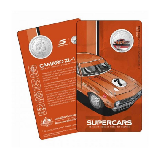 2020 50 cent Coloured Uncirculated Coin: Supercars - "1971 Chevorlet Camaro ZL-1 - 'Bob Jane'."