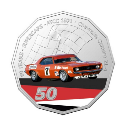 2020 50 cent Coloured Uncirculated Coin: Supercars - "1971 Chevorlet Camaro ZL-1 - 'Bob Jane'."