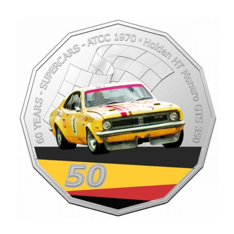 2020 50 cent Coloured Uncirculated Coin: Supercars - "1970 Holden HT Monaro GTS 350 - 'Norm Beechey'."