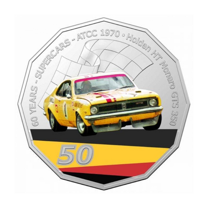 2020 50 cent Coloured Uncirculated Coin: Supercars - "1970 Holden HT Monaro GTS 350 - 'Norm Beechey'."