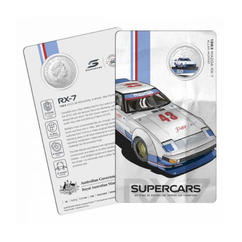 2020 50 cent Coloured Uncirculated Coin: Supercars - "1983 Mazda RX-7 'Allan Moffat'."