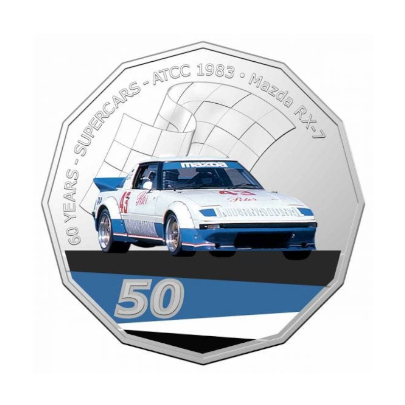 2020 50 cent Coloured Uncirculated Coin: Supercars - "1983 Mazda RX-7 'Allan Moffat'."