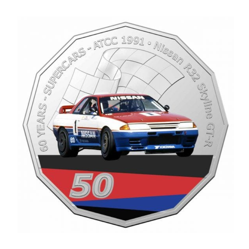 2020 50 cent Coloured Uncirculated Coin: Supercars - "1991 Nissan R32 Skyline GT-R 'Jim Richards'."