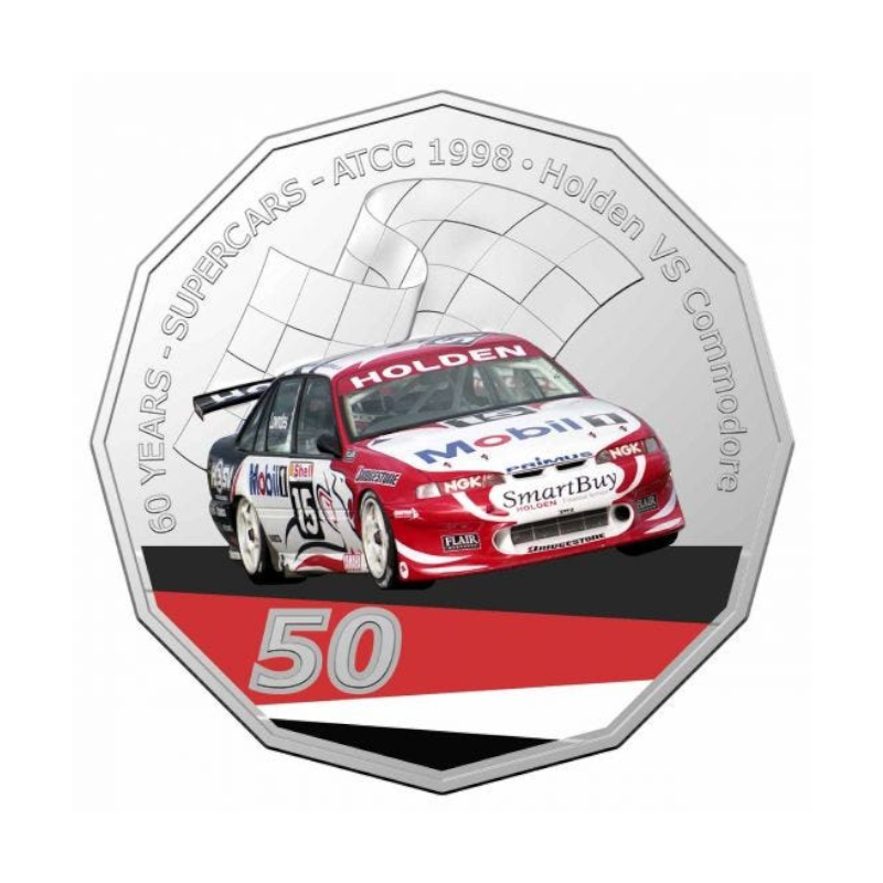 2020 50 cent Coloured Uncirculated Coin: Supercars - "1998 Holden VS Commodore - 'Craig Lowndes'."