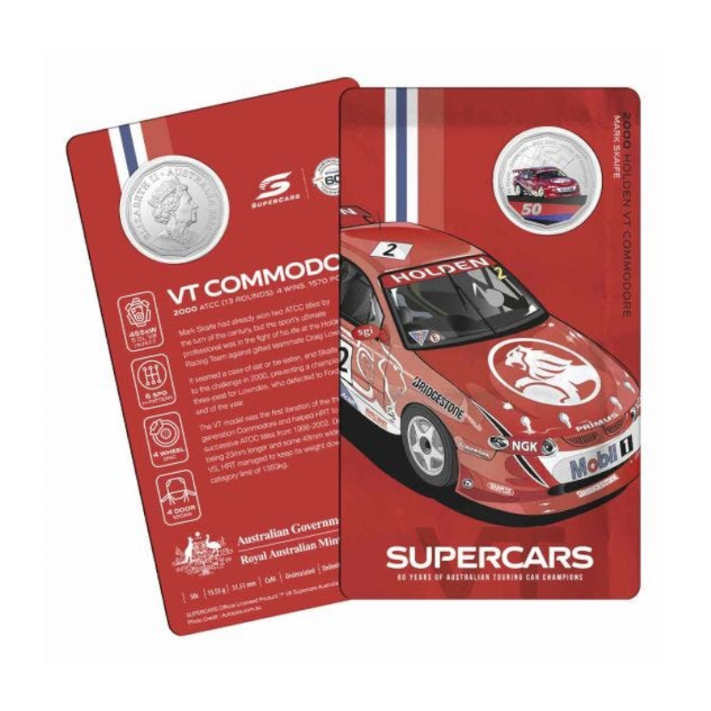 2020 50 cent Coloured Uncirculated Coin: Supercars - "2000 Holden VT Commodore - 'Mark Skaife'."