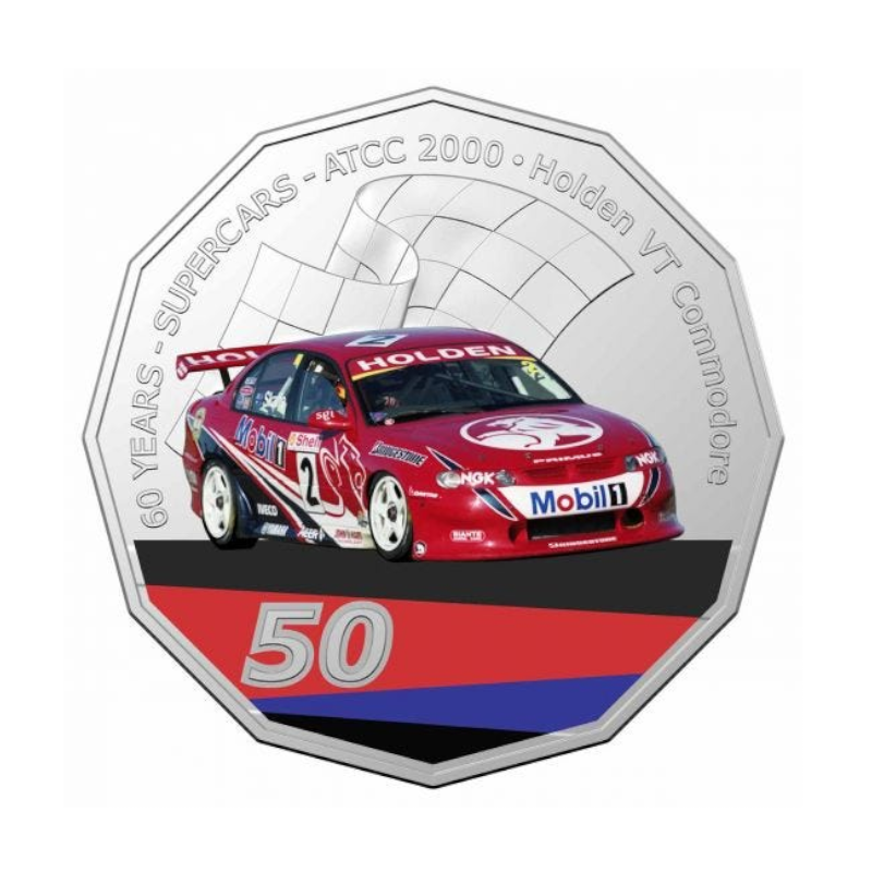 2020 50 cent Coloured Uncirculated Coin: Supercars - "2000 Holden VT Commodore - 'Mark Skaife'."