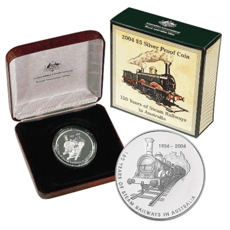 2004 $5 Silver Proof Coin: "150 Years of Steam Railways in Australia."