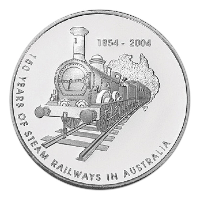 2004 $5 Silver Proof Coin: "150 Years of Steam Railways in Australia."