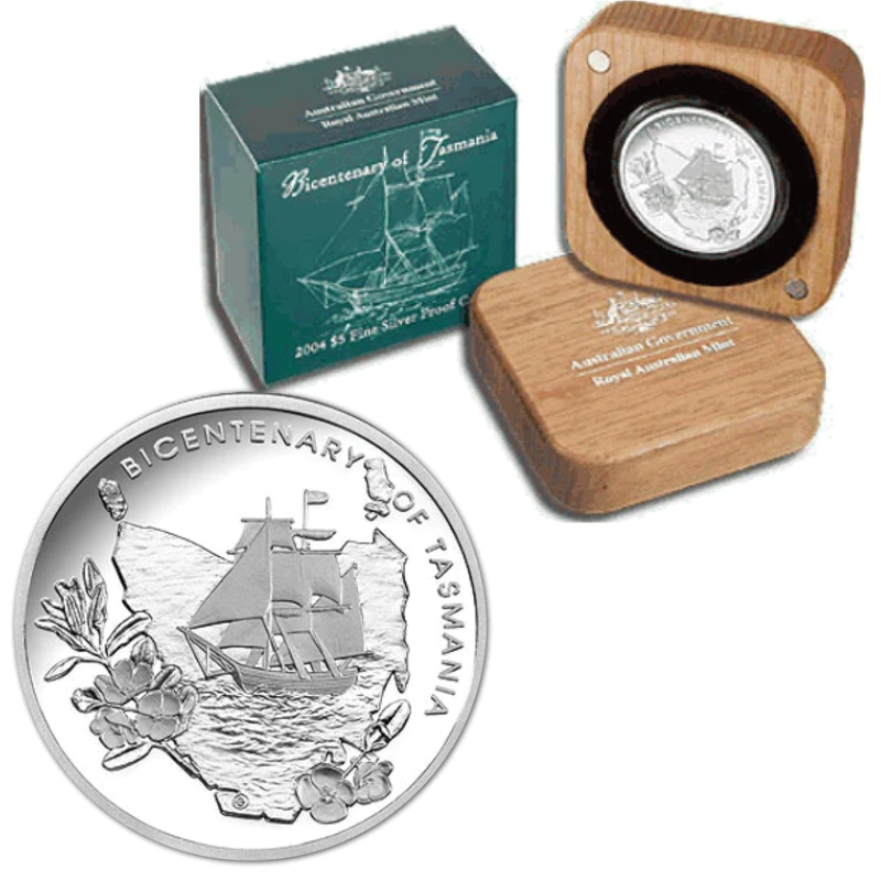 2004 $5 Silver Proof Coin: "Bicentenary of Tasmania."