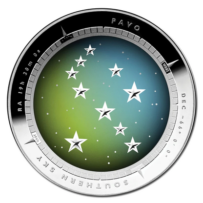 2013 $5 Silver Proof Colour Printed Domed Coin: Southern Sky - "Pavo."