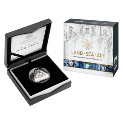 2018 $5 Silver Proof Coloured Triangular Coin: "Land.Sea.Air."