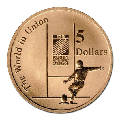 2003 $5 Uncirculated Coin: "IRB Rugby World Cup."