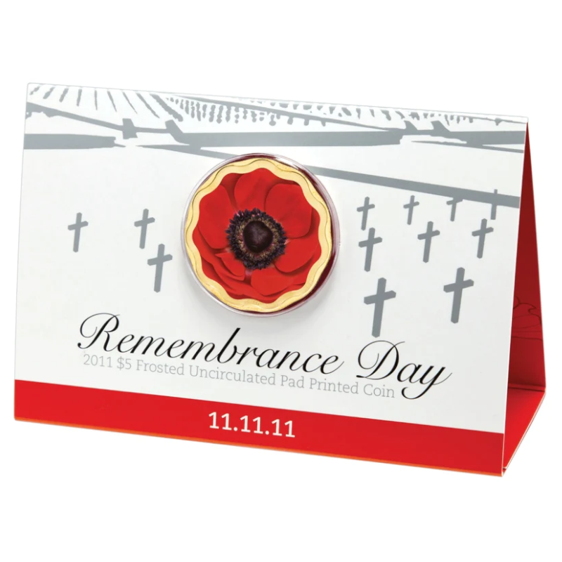 2011 $5 Frosted Uncirculated Pad Printed Coin: "Remembrance Day 11.11.11."