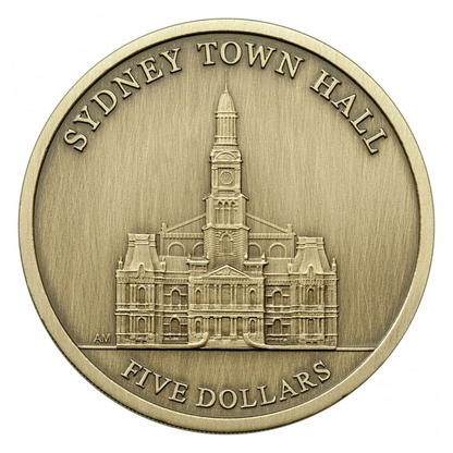 2012 $5 Antique Uncirculated Coin: Capital Town Halls - "Sydney Town Hall."