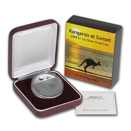 2009 $1 Silver Proof Kangaroo Coin: "Kangaroo at Sunset." - F12 Privy Mark.