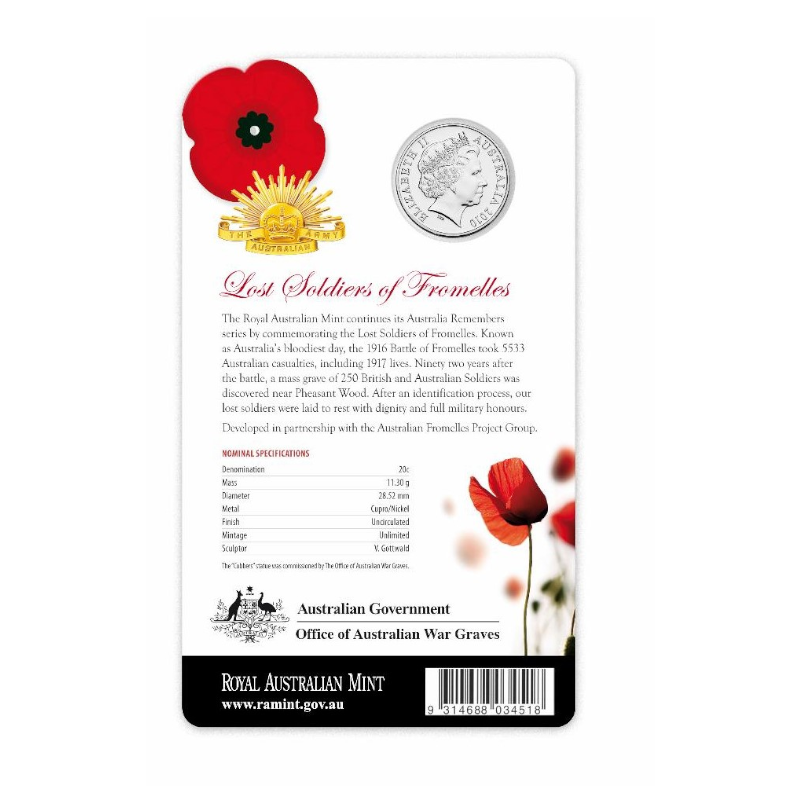 2010 20c Uncirculated Coin: Australia Remembers - "Lost Soldiers of Fromelles."